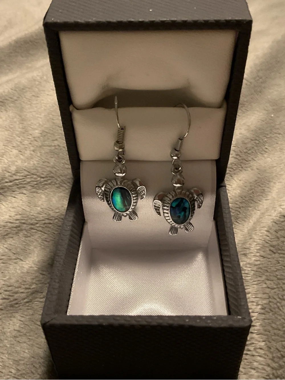 Silver Turtle Dangle Earrings with Blue Abalone Inlay